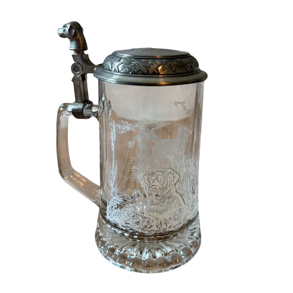 Vintage Domea Glass Beer Stein Mug With Pewter Flip Lid Dog Etched Design